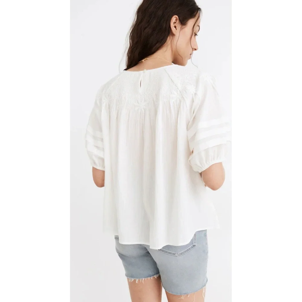 Madewell Embroidered Puff Sleeve Blouse Small White Cotton Boho Peasant Top